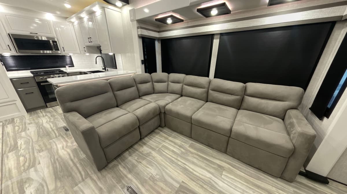 Oversized L-couch in the Jayco Pinnacle 38FBRK